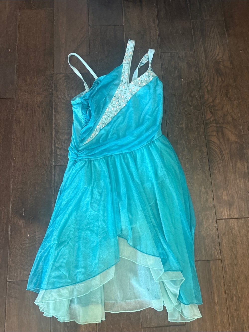 Adult small solo costume Sparkle Teal Dance Dress with Rhinestone Accents